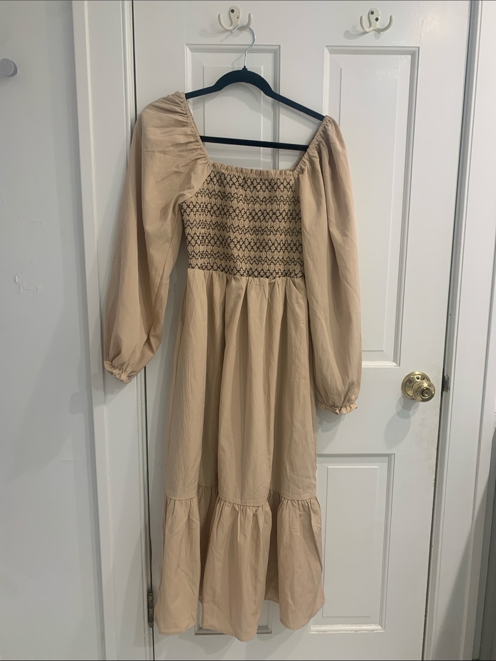 Baltic Born Beige Smocked Midi Dress with Balloon Sleeves